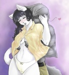 anthro arm_tuft bangs belt black_hair blush bottomwear breast_grab breasts clothed clothing duo ear_piercing elbow_tuft eyes_closed female fur grey_body grey_fur groping_from_behind hair hand_on_another's_cheek hand_on_breast hand_on_cheek heart_symbol kissing_neck lips male male/female nipples open_clothing open_shirt open_topwear panties pants piercing purple_background romantic romantic_couple romantic_sex shirt simple_background standing tail topwear tuft underwear white_body white_fur lilyness canid canine canis domestic_cat felid feline felis mammal wolf digital_media_(artwork)