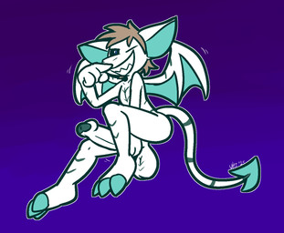 3_toes 4_fingers anthro balls big_balls big_penis black_sclera blue_eyes brown_hair claws erection feet fingers floating foreskin genitals glans green_glans green_stripes grin hair holding_penis humanoid_genitalia humanoid_penis looking_at_viewer male markings midair nude one_eye_closed penis pupils sharp_teeth smile solo spade_tail striped_body striped_markings striped_tail stripes tail tail_markings teal_claws teal_inner_ear teal_wings teeth toes white_balls white_body white_penis white_wings wings ultilix isaac_einfalt demon imp 2025