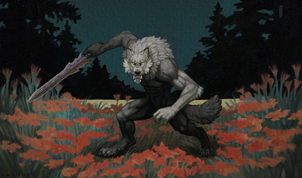 anthro claws evil_grin fangs field flower fluffy fluffy_tail forest forest_background fur glowing glowing_eyes grey_body grey_fur grin male melee_weapon muscular nature nature_background plant red_flower smile solo sword tail teeth tree weapon yellow_eyes cu_sith_(artist) mythology canid canine canis mammal mythological_canine mythological_creature werecanid werecanine werecreature werewolf wolf absurd_res hi_res