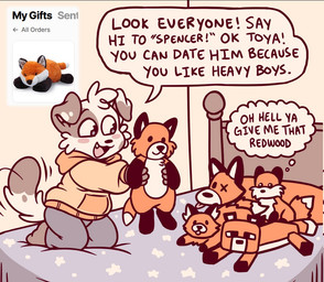 anthro barefoot bed clothing dialogue fangs feet fur furniture grey_body grey_ears grey_fur grey_tail happy hoodie kneeling kneeling_on_bed male multicolored_body multicolored_fur multicolored_tail on_bed open_mouth open_smile plushie smile solo speech_bubble tail tail_motion tailwag teeth text tongue topwear white_body white_ears white_fur white_tail young young_anthro young_male spudnikmutt microsoft minecraft mojang xbox_game_studios spudnik_(spudnikmutt) canid canine canis chihuahua domestic_dog fox fox_(minecraft) hybrid inanimate_object mammal toy_dog 2026 english_description english_text adult_(lore)