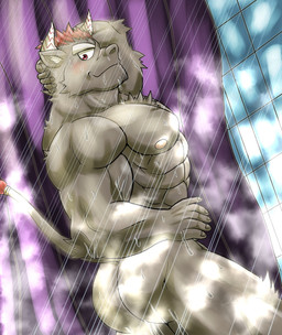 abs anthro bathing black_body black_fur butt fur hair horn male muscular muscular_anthro muscular_male nipples nude pecs red_hair shower showering solo water wet wet_body yom_mido_plus lifewonders tokyo_afterschool_summoners gyumao_(tas) bovid bovine cattle mammal hi_res