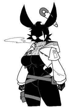 anthro big_breasts black_body black_fur black_tail breasts cheek_tuft clothing eye_scar facial_scar facial_tuft featureless_breasts featureless_crotch female fingers fist fur grey_scar hoodie leg_pouch looking_at_viewer mouthless pouch_(clothing) safety_pin safety_pin_in_ear scar simple_background solo standing tail topwear tuft white_background white_clothing white_hoodie white_topwear sabgong veil_(sabgong) lagomorph leporid mammal rabbit monochrome
