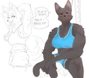 anthro big_breasts black_body black_fur blue_clothing bodily_fluids bottomwear bra breasts brown_eyes clothing dialogue female fur holding_weights muscular muscular_female shorts simple_background smile solo sports_bra sweat tail text underwear white_background corablue canid mammal 2026 english_text