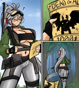 black_clothing black_topwear black_tube_top bottomwear bounty clothing eyewear eyewear_on_head female forest goggles goggles_on_head green_clothing green_jacket green_topwear grey_bottomwear grey_clothing grey_hair grey_pants gun hair jacket light_body light_skin navel pants plant ranged_weapon topwear tree tube_top weapon yellow_eyes skarma mothman human mammal comic hi_res