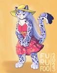 anthro clothing dress female hair handpaw hat headgear headwear long_hair paws red_clothing red_dress simple_background solo straw_hat sun_hat sundress furufoo felid mammal pantherine snow_leopard hi_res portrait