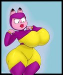 absurd_res anthro arlene_(garfield) big_breasts breasts clothed clothing confident costume domestic_cat eyelashes felid feline felis female fur garfield_(series) hi_res huge_breasts lips lipstick makeup mammal obsuniq pink_body pink_fur red_lips red_lipstick simple_background smile solo thick_lips thick_thighs wide_hips