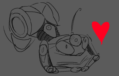 3_eyes ambiguous_gender bent_over cd cybernetics grey_background heart_symbol looking_up machine multi_eye simple_background warprat arthropod cyborg insect mantis robot sketch