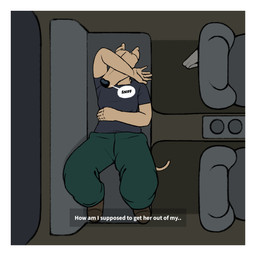 anthro arm_on_head black_clothing black_shirt black_t-shirt black_topwear boots border bottomwear brown_boots brown_clothing brown_footwear car clothing female footwear fur green_bottomwear green_clothing green_pants grey_clothing grey_panties grey_underwear inner_monologue inside_car inside_vehicle lying on_back onomatopoeia panties pants shirt shoes sniffing solo sound_effects t-shirt tan_body tan_fur text thinking topwear underwear vehicle white_border oystr lily_(oystr) canid canine canis domestic_dog hunting_dog mammal sighthound 1:1 hi_res