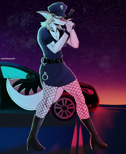 5_fingers anthro belt blonde_hair blue_eyes boots bottomwear breasts car cleavage clothed clothing cuff_(restraint) eyeliner female fingers fishnet_clothing fishnet_legwear footwear gun hair handcuffs handgun hat headgear headwear high_heeled_boots high_heels holding_gun holding_handgun holding_object holding_ranged_weapon holding_weapon legwear looking_at_viewer makeup metal_cuffs pink_body pistol plantigrade police police_uniform ranged_weapon restraints road shoes skirt sky smile smirk solo spikes spikes_(anatomy) star starry_sky sunset uniform vehicle weapon deadassspider cavemanon_studios i_wani_hug_that_gator mia_moretti dinosaur hadrosaurid ornithischian ornithopod parasaurolophus prehistoric_species reptile scalie hi_res