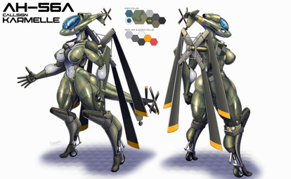 aircraft anthro blue_eyes breasts camo camo_body cockpit color_swatch featureless_breasts featureless_crotch female front_view green_body helicopter looking_at_viewer machine metallic_body not_furry nude nude_anthro nude_female propeller rear_view simple_background solo standing tail thick_thighs vehicle wheel wheel_feet gun-modoki ah-56_cheyene aeromorph living_aircraft living_helicopter living_machine living_vehicle absurd_res digital_media_(artwork) hi_res model_sheet multiple_images