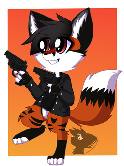 arms_bent arms_by_side bent_leg chibi dual_wielding glistening glistening_eyes gun holding_gun holding_object holding_ranged_weapon holding_weapon markings on_one_leg ranged_weapon short_snout snout solo standing straight_leg weapon natalia_chinchillas nataliacrystal redrick_(erickredfox) canid canine fox mammal red_fox true_fox 3:4 absurd_res hi_res