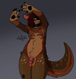 anthro areola balls barbell_piercing black_collar black_pawpads bone_collar_tag breasts brown_body brown_fur chest_tuft collar collar_tag eyewear facial_piercing fangs flaccid fur genitals glasses gynomorph hair humanoid_genitalia humanoid_hands humanoid_penis intersex looking_at_viewer markings name_tag navel nipple_barbell nipple_piercing nipples nose_piercing nose_ring nude pawpads penis piercing pink_areola pink_nipples red_markings ring_piercing septum_piercing simple_background small_breasts smile solo tail teeth text text_on_collar_tag tuft wearing_collar yellow_eyes vampuppy shadow_hands_challenge dani_(vampuppy) canid canine canis domestic_dog mammal vampire absurd_res digital_media_(artwork) english_text hi_res meme trans_(lore) trans_woman_(lore)