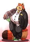 anthro belly big_belly blush bottomwear clothing kemono male orange_body overweight overweight_male pants shirt solo topwear dokyudokyu1 ailurid mammal red_panda 2022 absurd_res hi_res