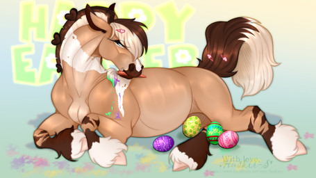 blue_eyes brown_mane brown_tail brush_in_mouth egg eyelashes feral fur glistening glistening_eyes hooves male male_feral mane narrowed_eyes orange_body orange_fur paint side_view solo tail tan_hooves tan_mane tan_tail text white_body white_fur huskii-s equid equine horse mammal 16:9 hi_res signature url widescreen