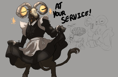 annoyed anthro apron armor brown_body brown_fur clothed clothing cross-popping_vein crossdressing crossdressing_male dialogue dress emanata female flower flower_crown frilly frilly_clothing frilly_dress fur group hair headgear helmet holding_note_pad holding_object holding_pencil horizontal_pupils horn iconography long_hair maid_apron maid_uniform male multi_eye note_pad pencil_(object) plant pupils smile sparkles speech_bubble tail tail_tuft talking_to_another text trio tuft uniform unusual_anatomy yellow_eyes howdypeepos elden_ring elden_ring_nightreign fromsoftware libra_creature_of_night revenant_(nightreign) wylder_(nightreign) bovid caprine caprine_demon demon goat goat_demon human mammal 2025 artist_name dated english_text hi_res signature