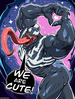 big_muscles black_body butt dialogue emblem empty_eyes heart_symbol long_tongue male muscular not_furry open_mouth sharp_teeth solo speech_bubble teeth text tongue tongue_out elevatorvibes marvel marvel_rivals venom_(marvel) alien alien_humanoid humanoid symbiote absurd_res english_text hi_res
