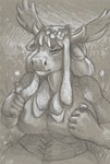 accessory anthro antlers big_breasts breasts clothed clothing female flower flower_in_hair hair hair_accessory horn looking_aside plant solo cadmiumtea deer mammal new_world_deer reindeer hi_res monochrome sepia traditional_media_(artwork)