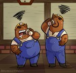 4_fingers anthro armor belly beverage bodily_fluids brown_body clothing coffee detailed_background drinking duo fingers hard_hat headgear helmet male overalls overweight overweight_male shirt sweat topwear marimosgoldfish animal_crossing nintendo don_resetti mr._resetti eulipotyphlan mammal mole_(animal) 2023 absurd_res hi_res