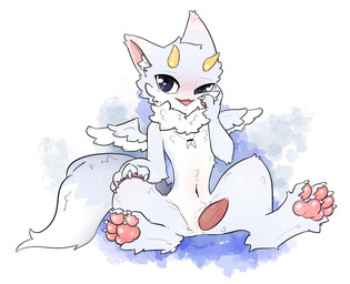 2_horns 4_toes anthro biped black_eyes blush blush_lines cheek_tuft claws crotch_tuft ear_tuft erection facial_tuft featureless_chest feet fluffy front_view fur genitals glistening glistening_eyes hand_on_face hand_on_knee hand_on_leg horn inner_ear_fluff jewelry male monotone_body monotone_fur neck_tuft necklace necklace_only nude open_mouth pawpads paws penis pink_pawpads presenting presenting_penis simple_background sitting skinny_anthro skinny_male solo tail toes tuft white_body white_fur white_sclera yellow_horn gagaga_ram mythology dragon furred_dragon furred_scalie mythological_creature mythological_scalie scalie digital_drawing_(artwork) digital_media_(artwork) hi_res