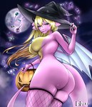 anthro blonde_hair breasts butt candy candy_bucket clothing dessert female fishnet_clothing fishnet_legwear food hair hat headgear headwear legwear looking_at_viewer moon nude solo tail thigh_highs wand wings witch_hat laladeei mythology lily_(lily960) dragon mythological_creature mythological_scalie scalie hi_res tagme