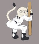 anthro baseball_(sport) baseball_uniform butt clothed clothing crouching fur licking licking_lips looking_at_viewer male mane mascot presenting presenting_hindquarters simple_background solo sport sportswear tail tongue uniform white_body white_fur white_mane katla_(artist) nippon_professional_baseball saitama_seibu_lions leo_(saitama_seibu_lions) felid lion mammal pantherine absurd_res digital_media_(artwork) hi_res