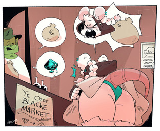 anthro bandage bandage_on_face bandage_on_nose blue_clothing blue_panties blue_underwear border braided_hair buttplug cloak clothed clothing duo ear_piercing ear_tuft emanata eyes_closed female fingerless_gloves fur gem gloves hair handwear hat headgear headwear hood jewel_buttplug male market markings mole_(marking) money notched_ear panties piercing plug_(sex_toy) potion rat_tail sex_toy speech_bubble tail text tuft underwear upskirt wanted_poster white_body white_border white_fur white_hair yelling gats tish_(gats) mammal murid murine orc rat rodent english_text hi_res