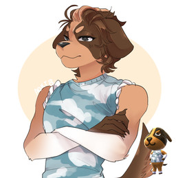anthro brown_body brown_eyes brown_fur brown_hair clothing crossed_arms fur hair male short_hair simple_background solo tail aoki.brooks animal_crossing nintendo butch_(animal_crossing) canid canine canis domestic_dog mammal 2017 digital_media_(artwork) hi_res