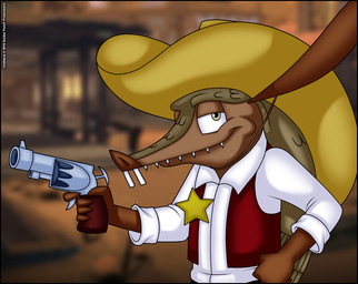 anthro brown_body brown_skin buckteeth clothing cowboy cowboy_hat grey_eyes gun hat headgear headwear holding_gun holding_object holding_ranged_weapon holding_weapon long_ears looking_at_viewer male ranged_weapon scales sheriff sheriff_badge shirt smile smug solo tan_body tan_scales teeth topwear vest weapon western verona7881 sly_cooper_(series) sony_corporation sony_interactive_entertainment sucker_punch_productions toothpick_(sly_cooper) armadillo mammal xenarthran 2016