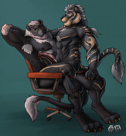 abdominal_bulge anal anal_penetration animal_genitalia animal_penis anthro anthro_on_anthro anthro_penetrated anthro_penetrating anthro_penetrating_anthro armpit_hair black_body black_fur black_nipples black_pawpads black_sclera blue_eyes body_hair brown_pawpads chair chest_hair duo equine_genitalia equine_penis fur furniture genitals grey_hair hair hand_behind_head male male/male male_anthro male_penetrated male_penetrating male_penetrating_male medial_ring mouth_closed muscular muscular_anthro muscular_male narrowed_eyes nipples nude office_chair on_chair open_mouth open_smile orange_eyes pawpads penetration penile penile_penetration penis penis_in_ass red_penis sex simple_background sitting sitting_on_chair smile tail tail_tuft teal_background tuft white_hair hufnaar felid lion mammal pantherine 2023 dated hi_res