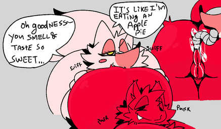 anal anthro backsack balls big_balls big_butt blush blush_stickers butt dialogue duo femboy fur genitals grey_background huge_butt machine male male/male nude onomatopoeia oral red_body red_fur rimming sex simple_background sound_effects speech_bubble tail text yellow_eyes vroorv five_nights_at_freddy's scottgames sister_location funtime_foxy_(fnaf) red_(vroorv) animatronic canid canine domestic_cat felid feline felis fox mammal robot english_text