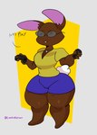 anthro big_butt blue_clothing bottom_heavy bottomwear buckteeth butt clothing controller dialogue eyewear female fluffy fluffy_tail glasses short_stack shorts solo tail teeth yellow_clothing cookinpizzaart lagomorph leporid mammal rabbit absurd_res hi_res