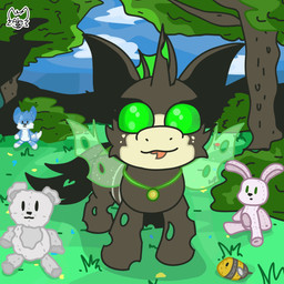 black_body black_fur blep_synus chibi collar female feral fur gold_medallion green_collar green_eyes green_hair hair holes_in_body insect_wings male male/female solo solo_focus spiky_hair tan_body tan_fur translucent translucent_wings wings nyale0102 animated hi_res short_playtime video