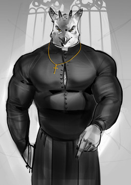 anthro beak big_muscles clothed clothing clothing_stretch cross cross_necklace gesture gold_(metal) gold_jewelry gold_necklace gold_neckwear hand_gesture jewelry larger_male looking_at_viewer male musclegut muscular muscular_anthro muscular_male necklace open_clothing open_shirt open_topwear pointing pointing_down priest priest_robes shirt size_difference solo topwear yellow_eyes purplebirdman avian bird owl hi_res sketch