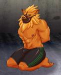 abs anthro bandai_namco bdsm biceps blonde_mane bondage bound clothed clothing digimon digimon_(species) ear_piercing felid gag gagged hi_res leomon looking_at_viewer male mammal mane muscular muscular_anthro muscular_male muzzle_gag nipples pecs piercing rawrrarr solo topless