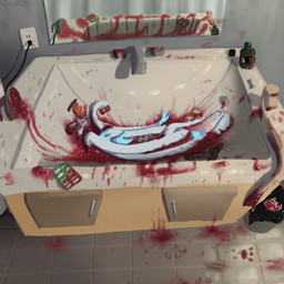 bandage bathroom bathroom_floor bathroom_sink bathroom_tiles bathroom_wall blood bodily_fluids curtains curtains_closed dismemberment drain drugs footprint gore medication mirror mirror_reflection pawprint reflection ribbons_(anatomy) severed_body_part severed_limb toilet tourniquet trash trash_can zero_pictured poofythedragon nintendo pokemon eeveelution generation_6_pokemon pokemon_(species) sylveon 1:1 absurd_res hi_res