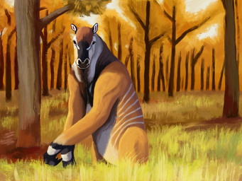 black_eyes black_hands black_markings feral forest fur gingko_(tree) grass looking_at_viewer markings plant solo stripes tan_body tan_fur tree white_markings white_stripes agustindiazart chalicotherium 2022 4:3 hi_res