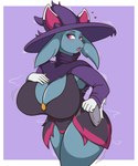 5_fingers anthro big_breasts black_nose blush blush_lines bodily_fluids border breasts cleavage_cutout clothing curvy_figure cute_fangs cutout dress eyelashes fangs female fingers gloves_(marking) grey_body hand_on_breast hand_on_hip hat headgear headwear heart_symbol huge_breasts huge_thighs magic_user markings motion_lines multicolored_clothing musk open_mouth pink_eyes purple_background purple_clothing simple_background solo standing sweat teeth thick_thighs two_tone_clothing voluptuous white_border wide_hips witch_hat johnmarten palworld pocketpair domestic_cat felid feline felis katress mammal pal_(species) 5:6 absurd_res hi_res portrait shaded simple_shading three-quarter_portrait