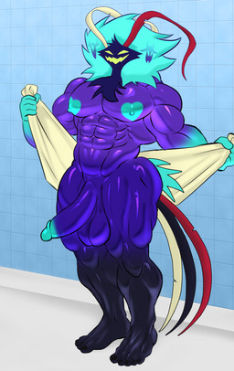 5_toes abs areola balls big_areola big_butt big_muscles butt feet genitals male muscular nipples nude penis shower solo toes towel tiburalgo hellaverse helluva_boss asmodeus_(helluva_boss) demon humanoid absurd_res hi_res