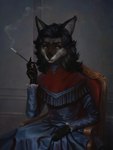 anthro chair clothed clothing dress female furniture hair holding_object messy_hair sitting smoke smoking solo tired tired_eyes bra1neater canid canine canis mammal wolf 2022 3:4 digital_media_(artwork) hi_res portrait