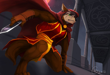 anthro archway armor assassin athletic athletic_anthro athletic_male bracers cloak clothed clothing crouching dagger detailed_background fingerless_gloves frown gloves green_eyes grey_hair hair handwear holding_object holding_weapon hood male melee_weapon night rock sash scowl sky solo star starry_sky tail topwear vest warrior weapon null-ghost xepher canid canine fox mammal 2012