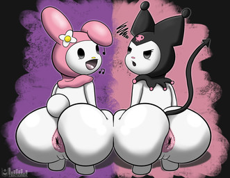 anthro anus big_anus big_butt butt crouching duo female flower fur genitals hood open_mouth open_smile plant rear_view smile spade_tail tail thick_thighs vulva white_body white_fur wide_hips teknomekanoid onegai_my_melody sanrio kuromi my_melody demon lagomorph leporid mammal rabbit absurd_res hi_res