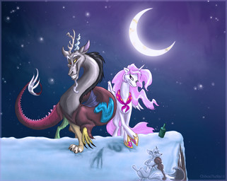 blue_body blue_feathers bottle bow_(stringed_instrument) bowed_string_instrument container crescent_moon detailed_background duo_focus eyes_closed feathered_wings feathers female feral group hair holding_object horn long_hair male membrane_(anatomy) membranous_wings moon musical_instrument night outside pink_hair playing_music playing_violin princess purple_eyes quadruped red_eyes romantic romantic_ambiance romantic_couple royalty size_difference sky star starry_sky string_instrument tail tail_tuft tuft violin white_body white_feathers wings chiboatherat friendship_is_magic hasbro my_little_pony mythology discord_(mlp) princess_celestia_(mlp) chimera draconequus equid equine mammal mythological_creature mythological_equine winged_unicorn