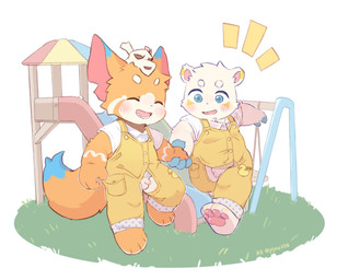 anthro balls blue_eyes blush bone casual_exposure clothing crotch_cutout crotchless_clothing cutout duo flaccid foreskin fur genitals hand_holding happy ineffective_clothing innocence male orange_body orange_fur outside overalls penis playful playground shirt simple_background skull slide small_penis smile social_nudity standing swing t-shirt topwear white_body white_fur young young_anthro young_male lang_yus league_of_legends riot_games tencent gnar_(lol) bear mammal yordle colored hi_res