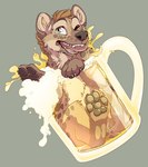 2018 alcohol beer beer_mug beverage bodily_fluids brown_body brown_fur claws fangs feral fur green_eyes hyena mammal mane mlice one_eye_closed open_mouth partially_submerged pawpads paws quadruped saliva solo spotted_hyena teeth tongue