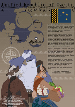 anthro basket blue_body bottomwear brown_body brown_fur clothing coat compass container ear_piercing ear_ring female flag fur group hair hair_bun looking_at_viewer male map piercing ring_piercing sculptor skirt smile text topwear trenchcoat white_hair worldbuilding viola_bat aquatic canid canine canis carpet_shark deer fish mammal shark whale_shark wolf absurd_res comic english_text hi_res