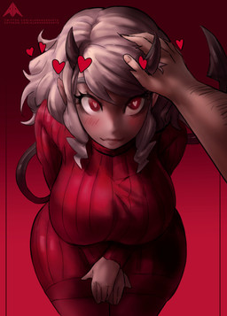 5_fingers big_breasts blush bodysuit breasts clothed clothing duo eyelashes faceless_character faceless_male female fingers first_person_view fully_clothed hair headpat heart_eyes heart_symbol horn male not_furry pink_hair red_eyes short_hair skinsuit smile spade_tail tail text tight_clothing alamander helltaker modeus_(helltaker) demon demon_humanoid humanoid 2021 absurd_res artist_name hi_res url
