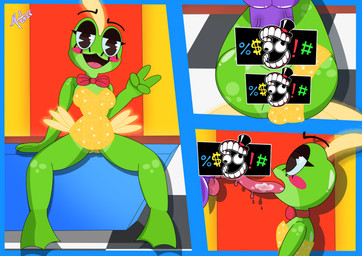4_fingers anthro blush blush_stickers bodily_fluids bow_tie breasts censor_bar clothing costume cum dancer_outfit duo ejaculation eyelashes eyeshadow female fingers fluid_on_face genital_fluids genitals gesture golden_clothing green_body green_skin half-closed_eyes hand_gesture looking_at_viewer makeup medium_breasts narrowed_eyes nude penis smile smooth_skin solo silvervlogs glitch_productions the_amazing_digital_circus jax_(tadc) ribbit_(tadc) amphibian frog humanoid lagomorph leporid mammal rabbit absurd_res hi_res