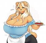 anthro big_breasts blonde_hair blue_eyes breasts cleavage clothed clothing dairy_products dessert female food hair huge_breasts long_hair pastry pie simple_background solo thick_thighs whipped_cream cherrikissu amara_(jwinkz) bear mammal 2017 digital_media_(artwork) hi_res