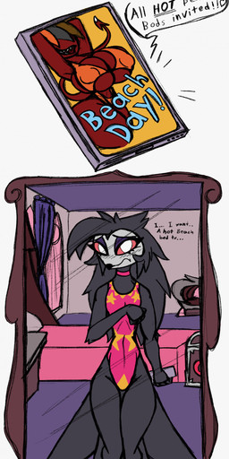 anthro bed bedroom bikini black_text clothing dialogue electronics female frown fur furniture grey_body grey_fur grey_hair hair heart_symbol long_hair looking_at_mirror looking_at_object mirror one-piece_swimsuit phone pink_eyes slim small_waist solo speech_bubble standing swimwear text two-piece_swimsuit white_face dragon-heart hellaverse helluva_boss octavia_(helluva_boss) avian avian_demon bird demon owl owl_demon absurd_res hi_res