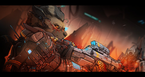 anthro armor blood bodily_fluids clothing dagger detailed_background female gun looking_at_viewer melee_weapon ranged_weapon satchel scarf science_fiction weapon thesociallyawkwardpinguin uto_verse aardwolf hyena mammal